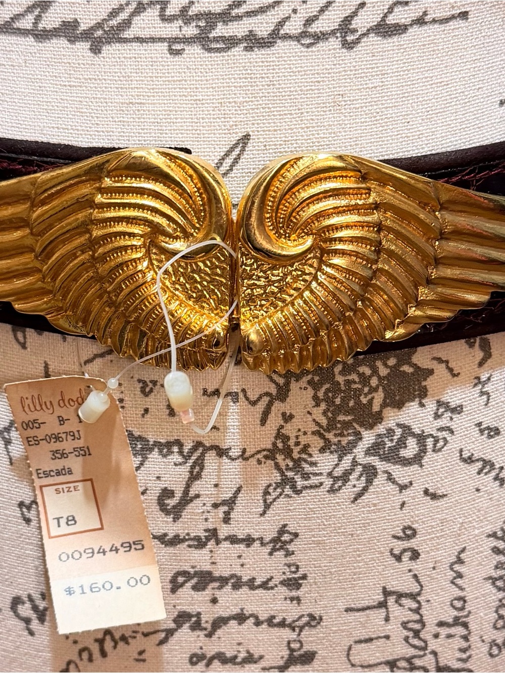 NWT Vintage Escada Croc-Embossed Leather Gold Wings Statement Belt Size T8